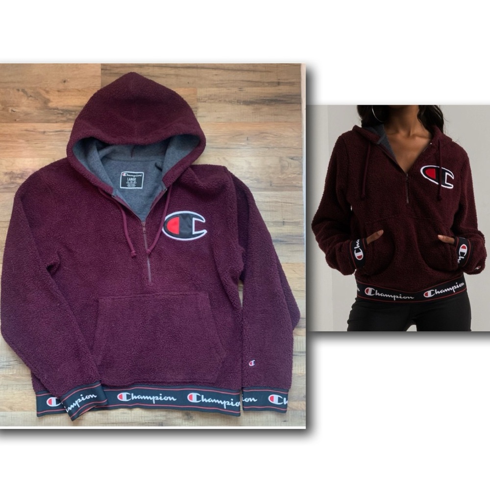 Champion 1/4 Zip Sherpa Hoodie Maroon Size-Large